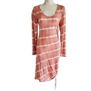 Soft Stretchy T-shirt Dress Ruched Side Midi BodyCon Peach Tie Dye Long Sleeve S